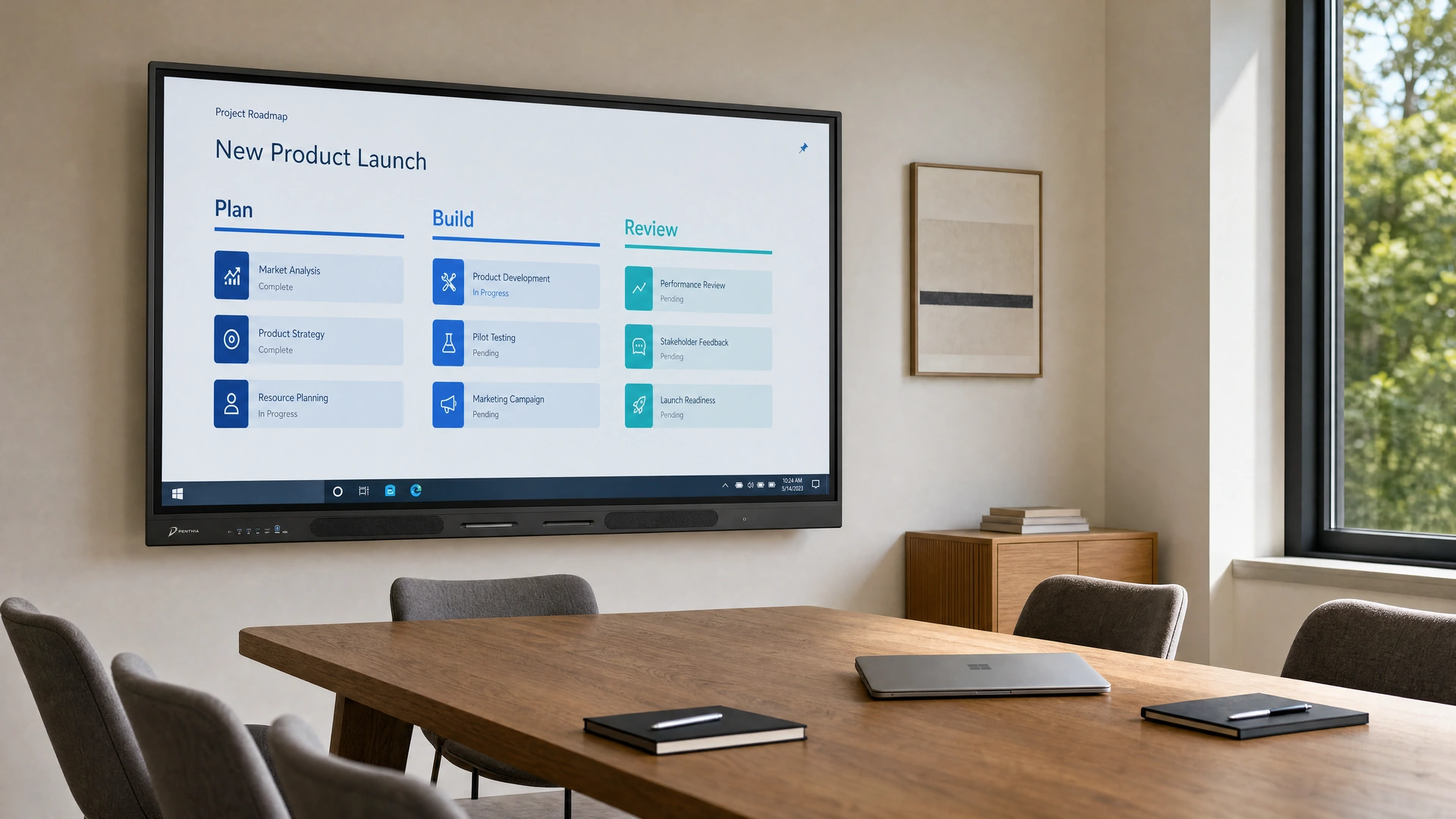 Meeting-room visualization with a Penthia display showing a clear project plan above an oak conference table