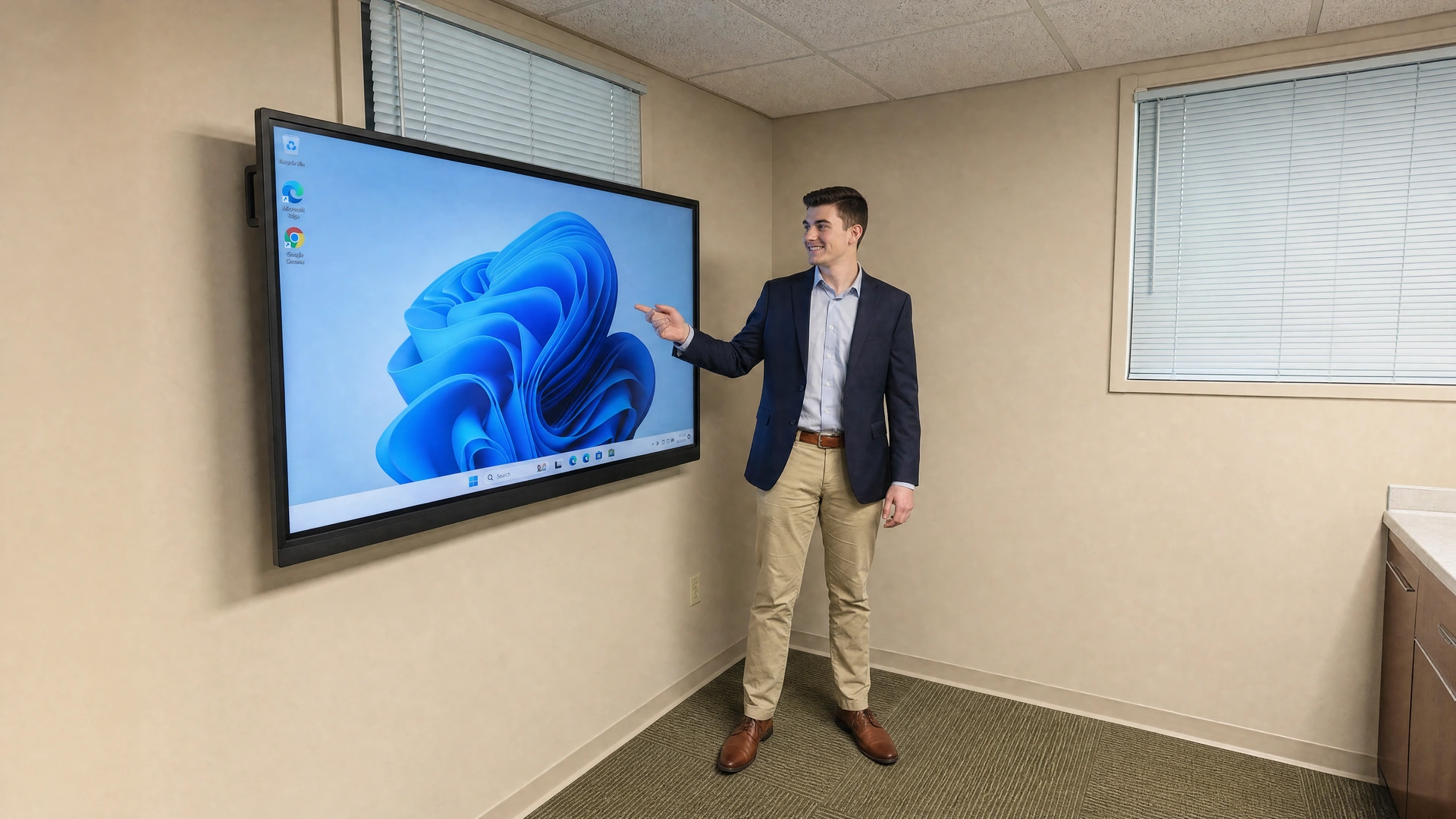 Training-room visualization with a presenter beside a fully visible wall-mounted display showing a Windows desktop