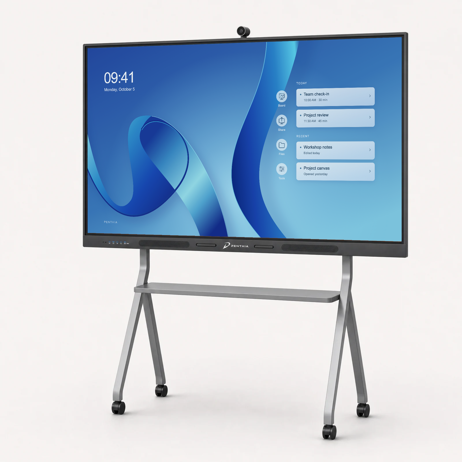 Vertex Elite interactive display on its gray mobile stand in a bright neutral studio