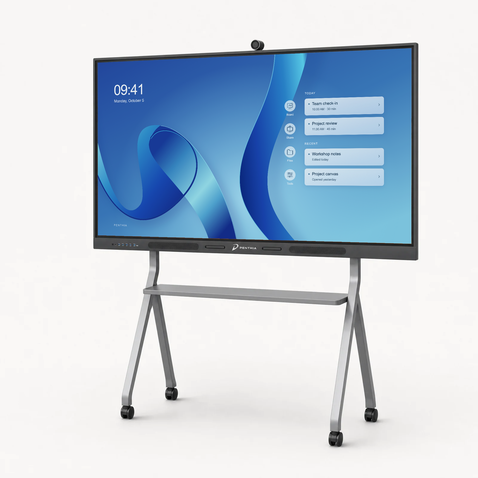 Vertex Pro interactive display on its gray mobile stand in a bright neutral studio