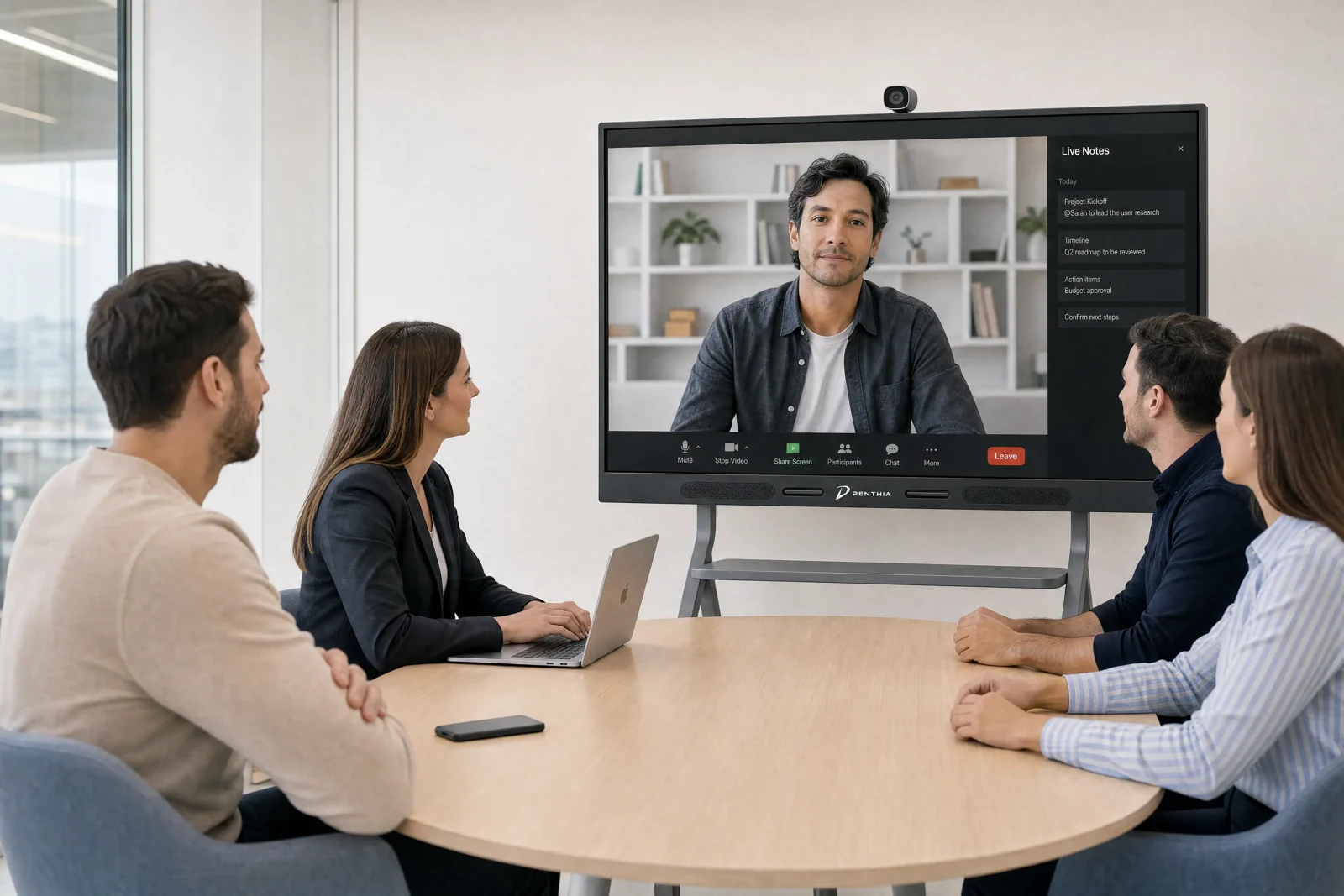 A team around a Penthia display during a video meeting