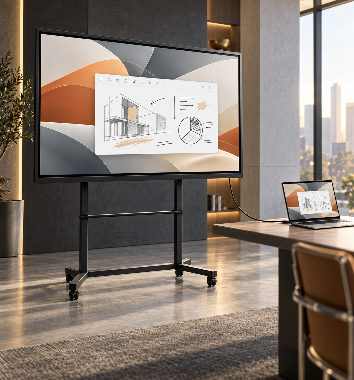 QS3 display connected to an external computer in a modern workspace