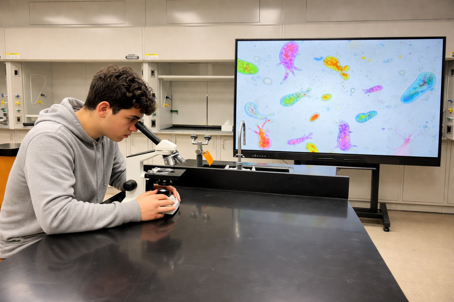 Student engaged with a Penthia interactive board in a science lab