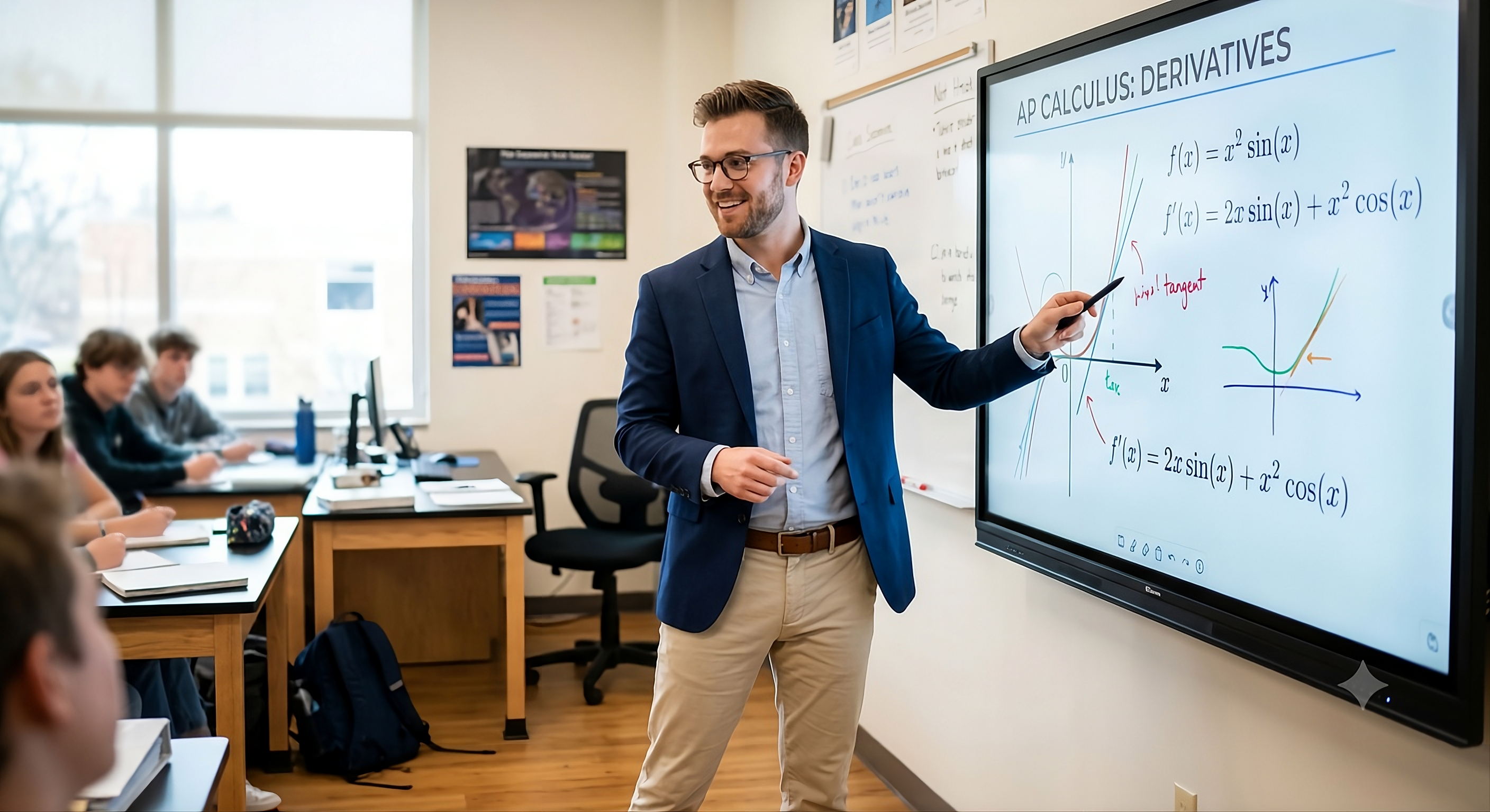 A teacher annotating a calculus lesson on a Penthia display